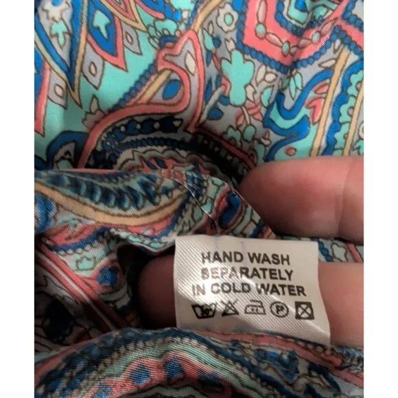 Rhea Women One Size Silk Blend Teal Pink Paisley Maxi Dress Boho Tiered Festival - Picture 8 of 10